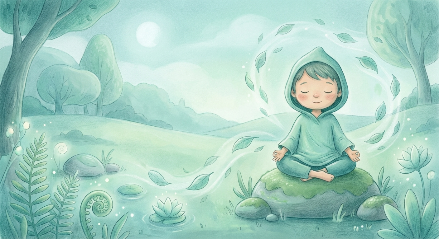 Child in calm meditation pose surrounded by nature